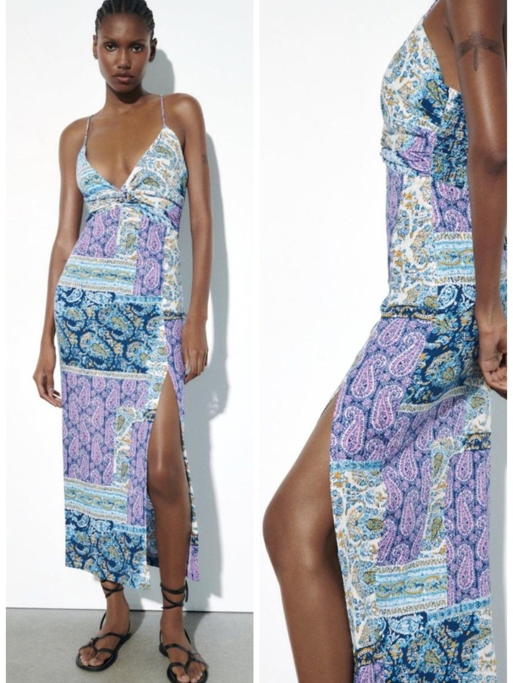 Zara Linen Blend Boho Printed Patchwork Knotted Twist Midi Dress M EUC Paisley